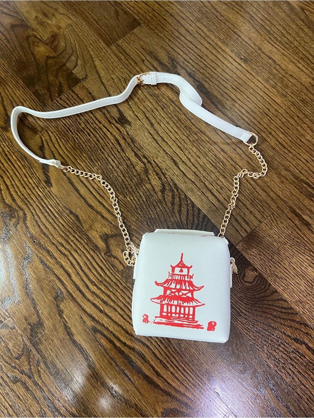White Shoulder Bag with Red Pagoda Motif